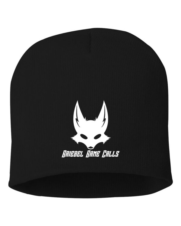 A black beanie with an image of a cat 's head.