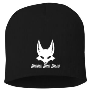 A black beanie with an image of a cat 's head.