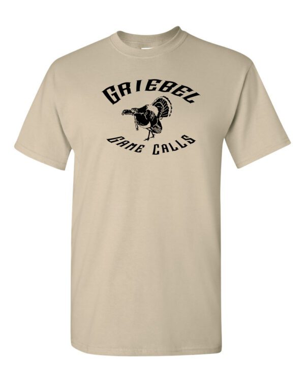 A beige t-shirt with the words griebel and some black lettering.