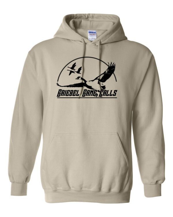 A tan hoodie with a black logo of a bird and a helicopter.