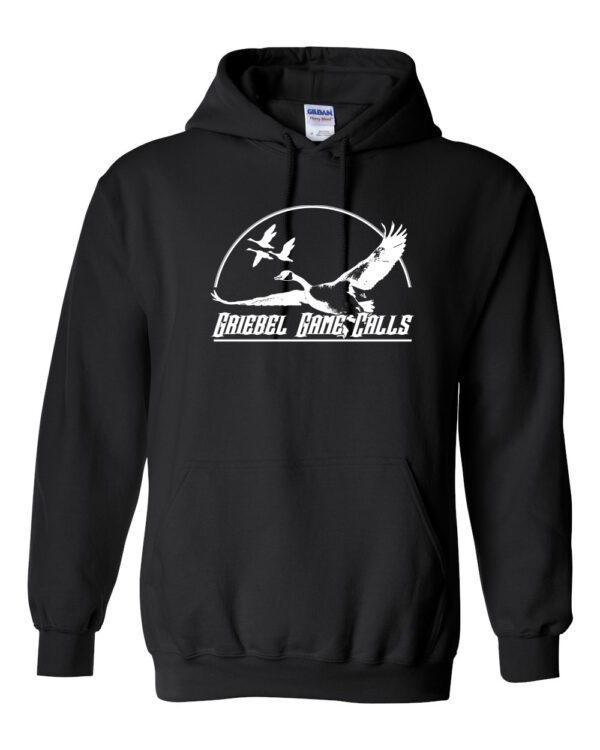 A black hoodie with a white logo of birds flying over trees.