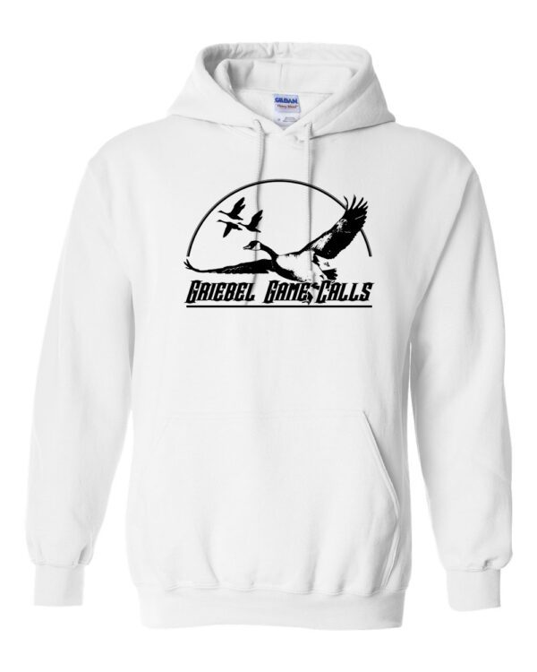 A white hoodie with an image of birds flying.